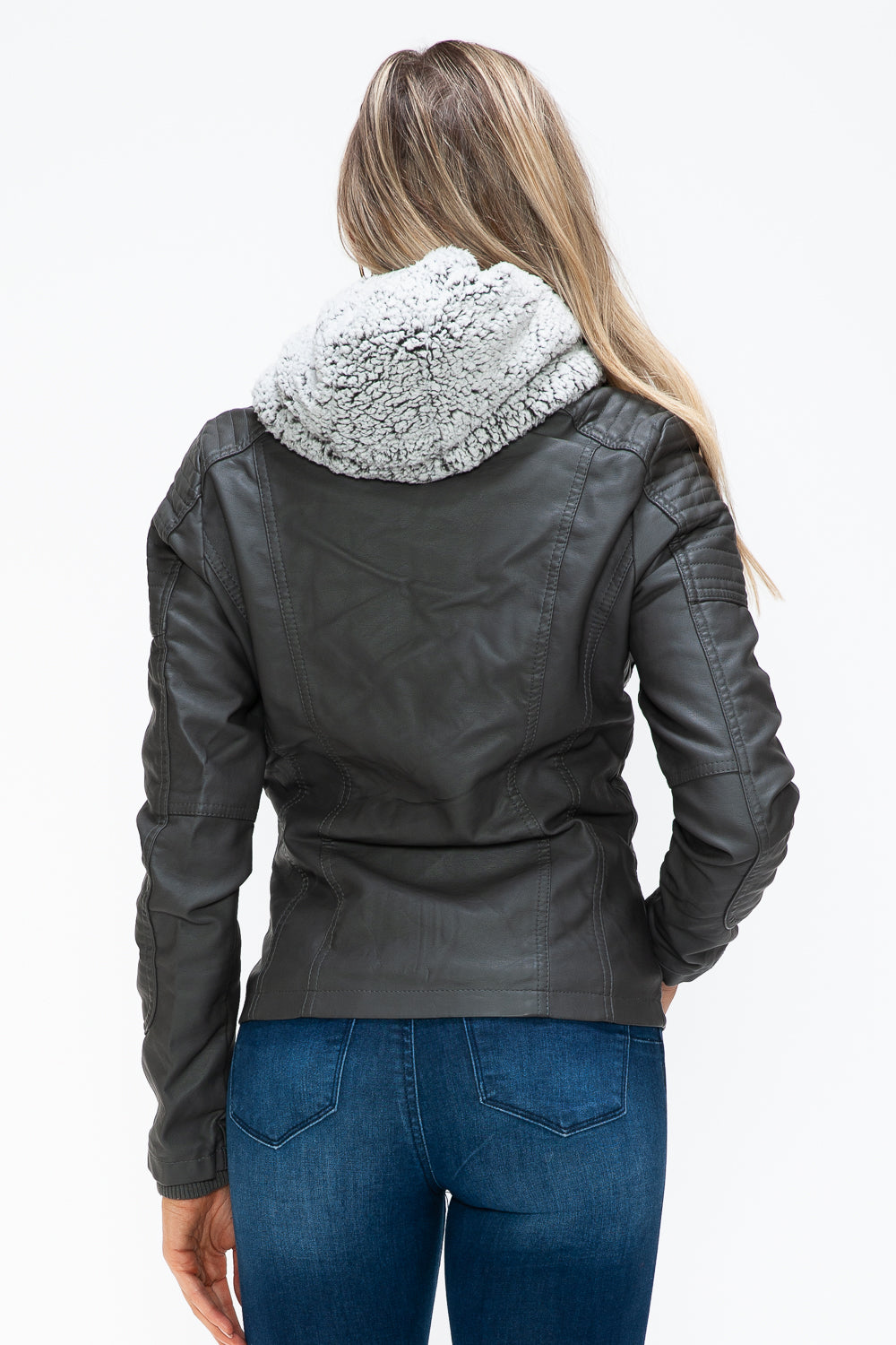 Faux Layered Multi-Pocket Jacket with Fuzzy Hood