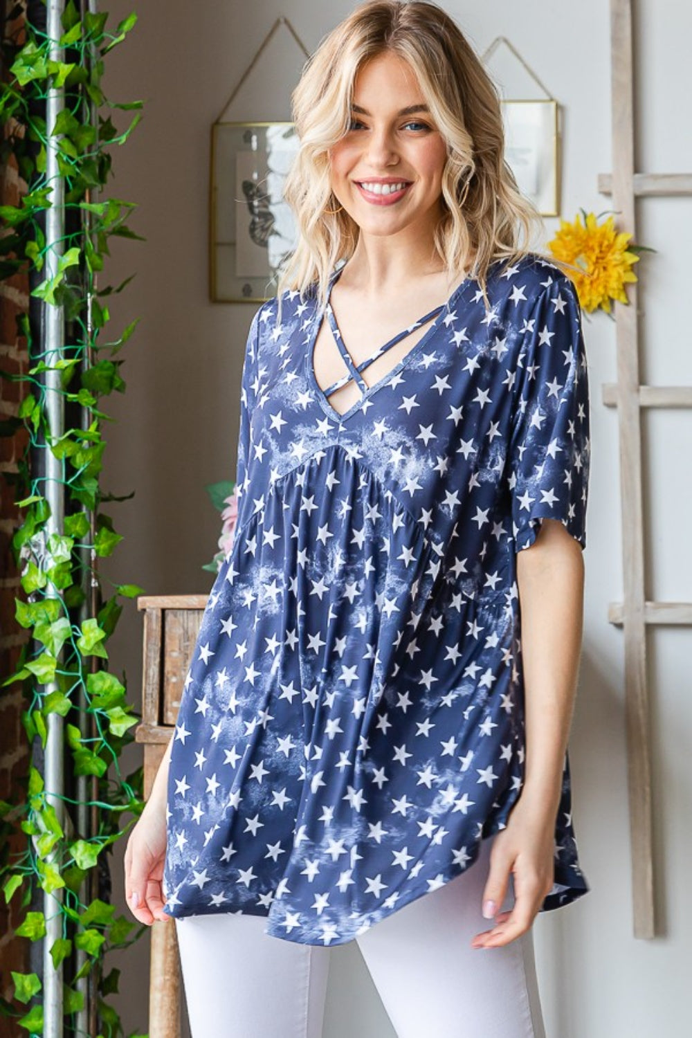 Heimish Full Size Short Sleeve Crisscross Star Babydoll Top | Shop Webbi