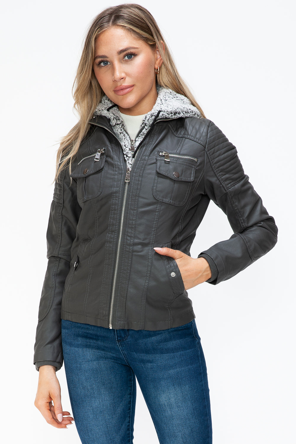 Faux Layered Multi-Pocket Jacket with Fuzzy Hood