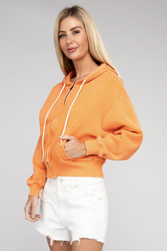 Acid Wash Fleece Cropped Zip-Up Hoodie | Shop Webbi