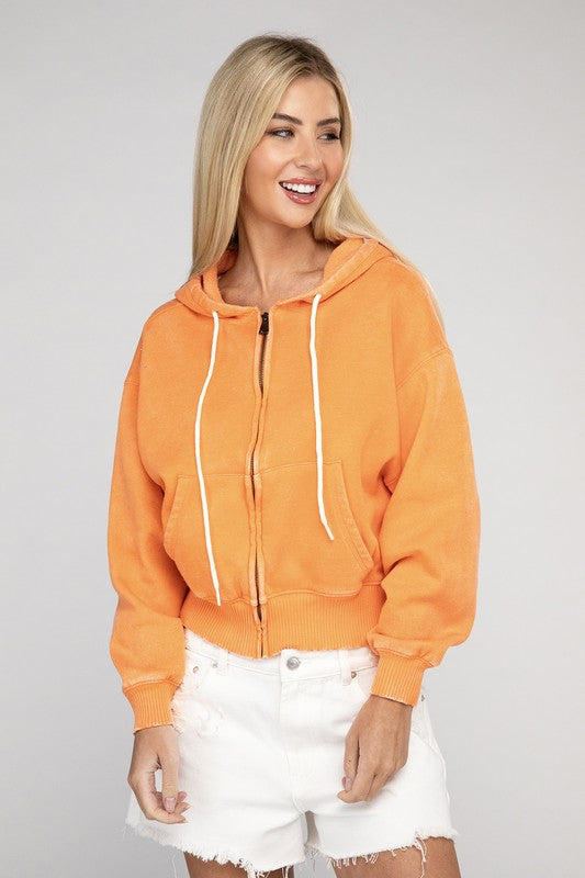 Acid Wash Fleece Cropped Zip-Up Hoodie | Shop Webbi