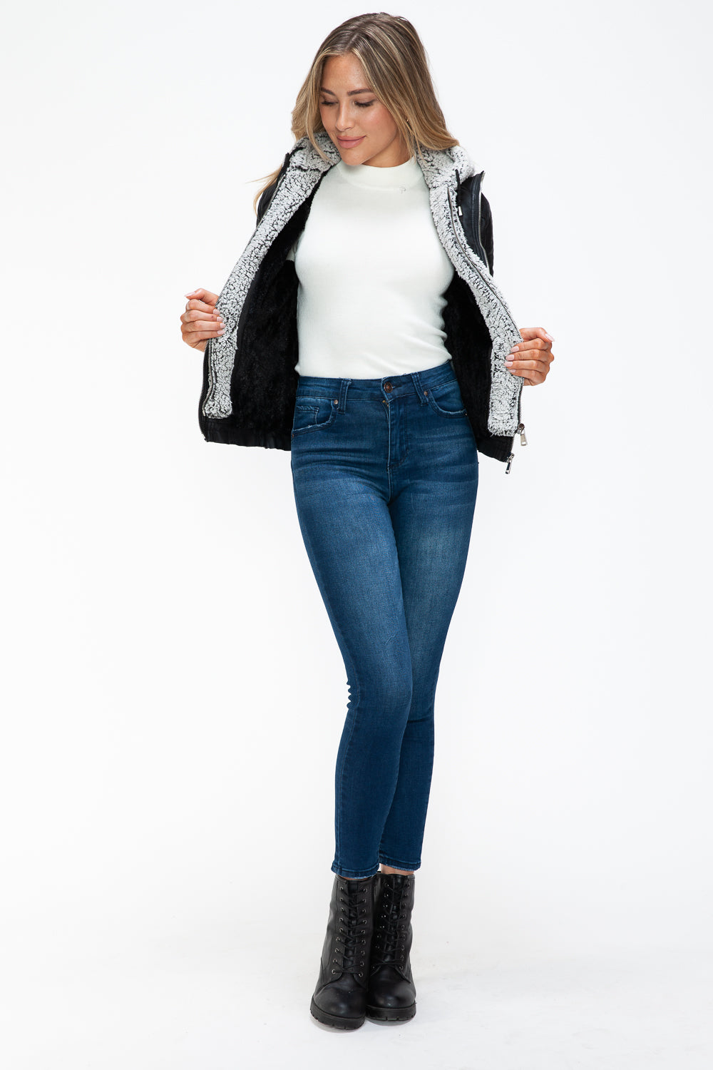 Faux Layered Multi-Pocket Jacket with Fuzzy Hood