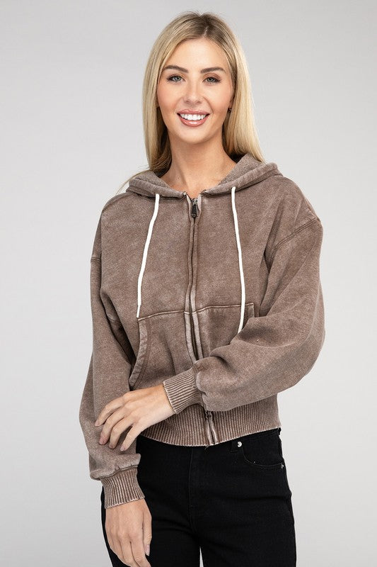 Acid Wash Fleece Cropped Zip-Up Hoodie | Shop Webbi