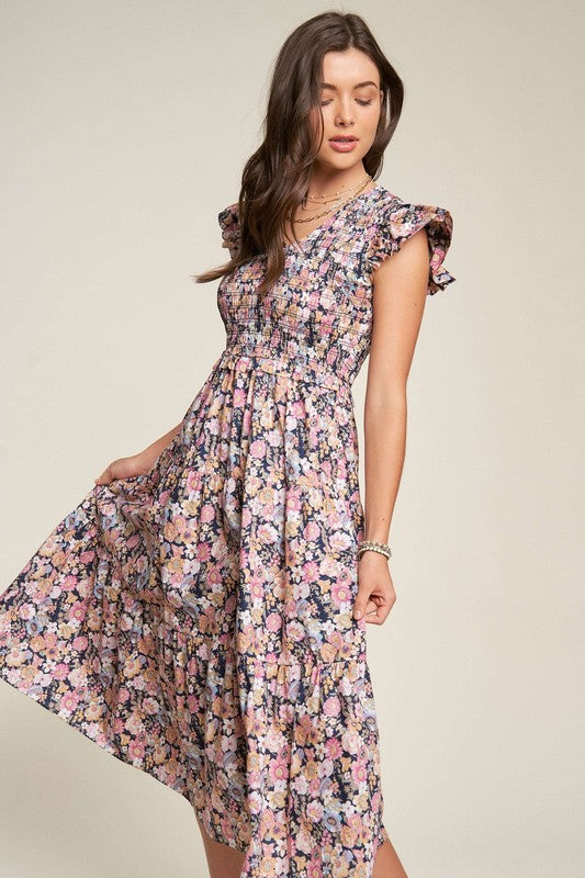 Vintage Garden Floral Flutter Smocking Midi Dress | Shop Webbi