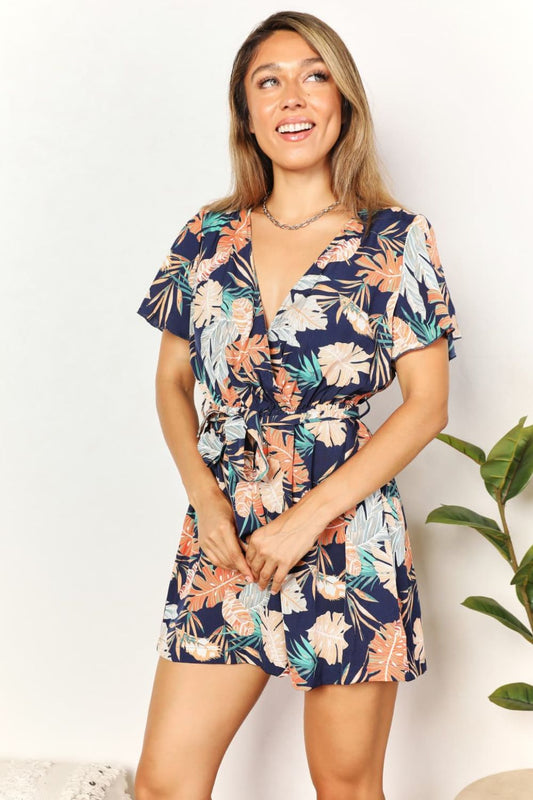 Double Take Botanical Print Surplice Neck Tie Waist Romper | Shop Webbi