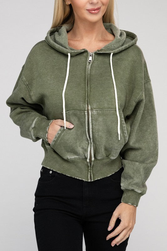 Acid Wash Fleece Cropped Zip-Up Hoodie | Shop Webbi