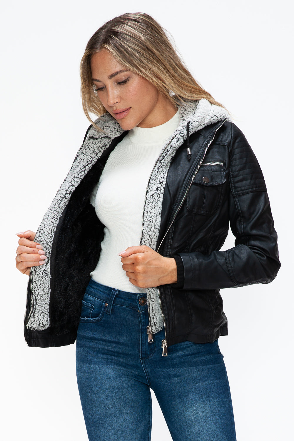 Faux Layered Multi-Pocket Jacket with Fuzzy Hood