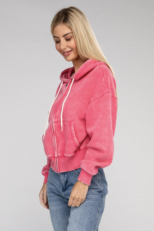 Acid Wash Fleece Cropped Zip-Up Hoodie | Shop Webbi