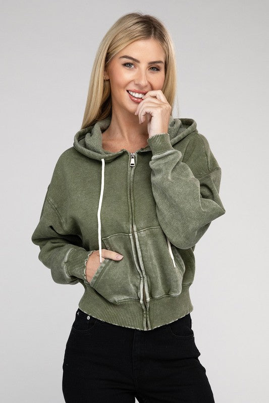 Acid Wash Fleece Cropped Zip-Up Hoodie | Shop Webbi