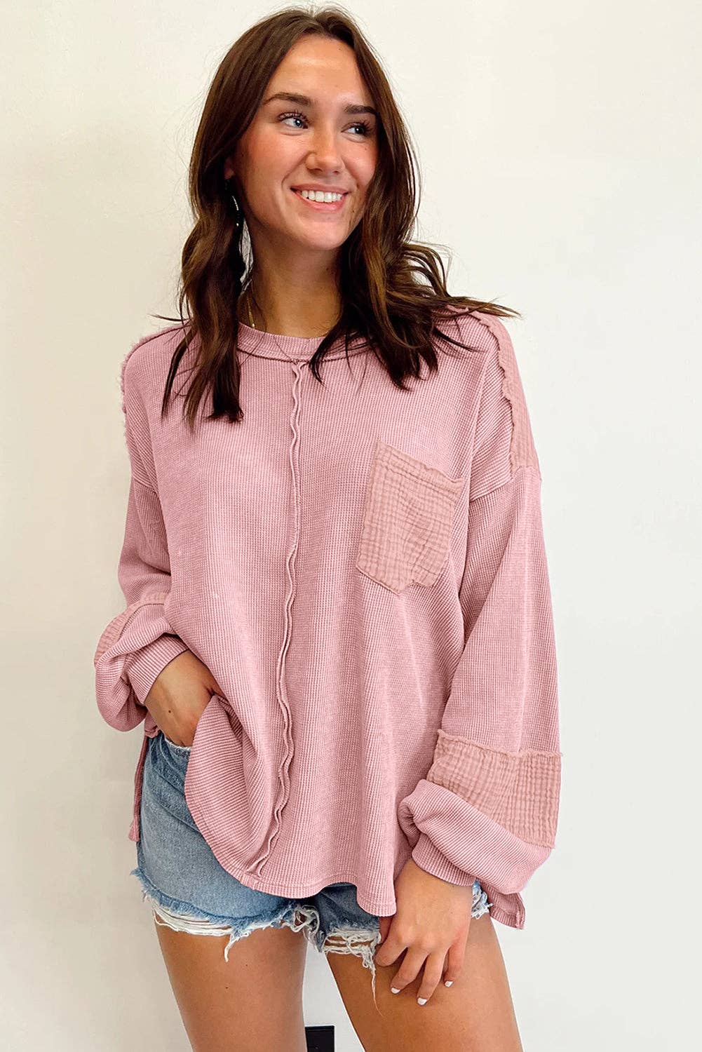 Exposed Seam Patchwork Bubble Sleeve Waffle Knit Top | Shop Webbi