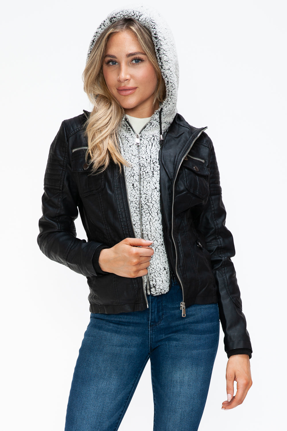 Faux Layered Multi-Pocket Jacket with Fuzzy Hood