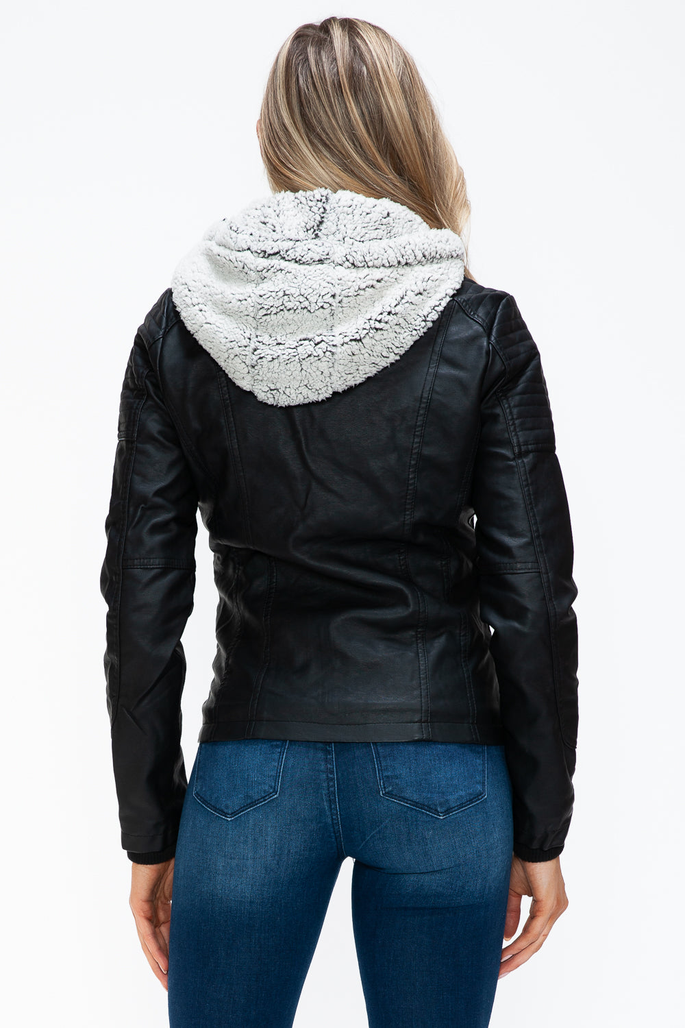 Faux Layered Multi-Pocket Jacket with Fuzzy Hood