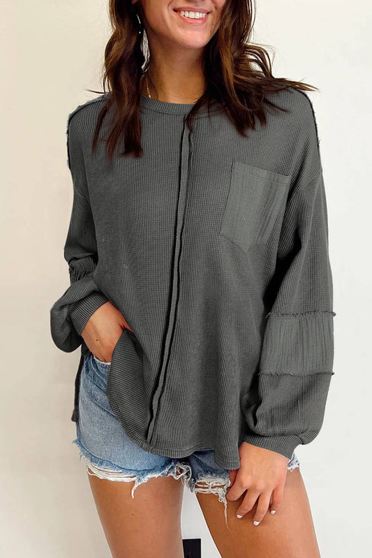 Exposed Seam Patchwork Bubble Sleeve Waffle Knit Top | Shop Webbi