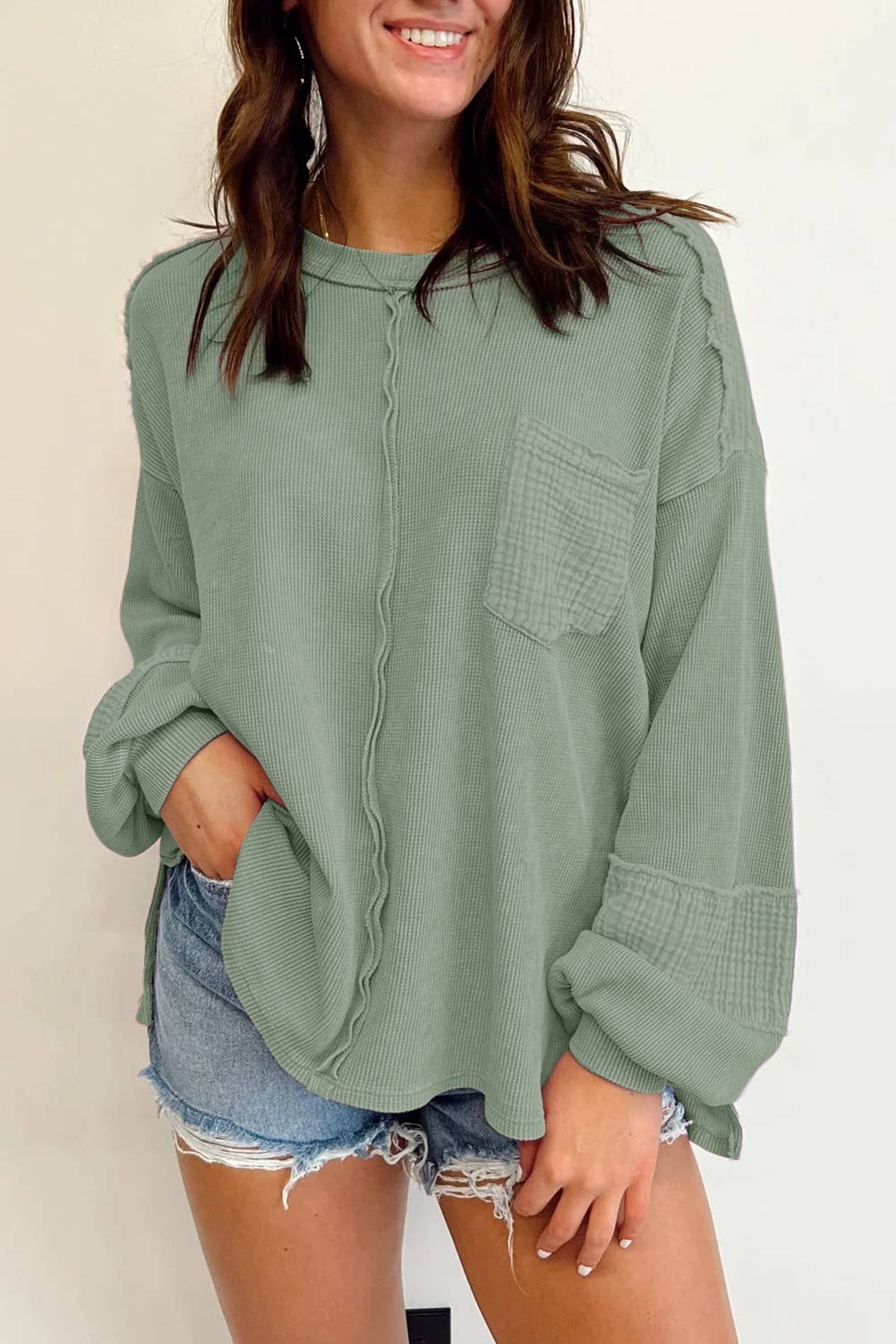 Exposed Seam Patchwork Bubble Sleeve Waffle Knit Top | Shop Webbi