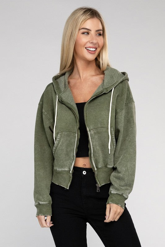 Acid Wash Fleece Cropped Zip-Up Hoodie | Shop Webbi