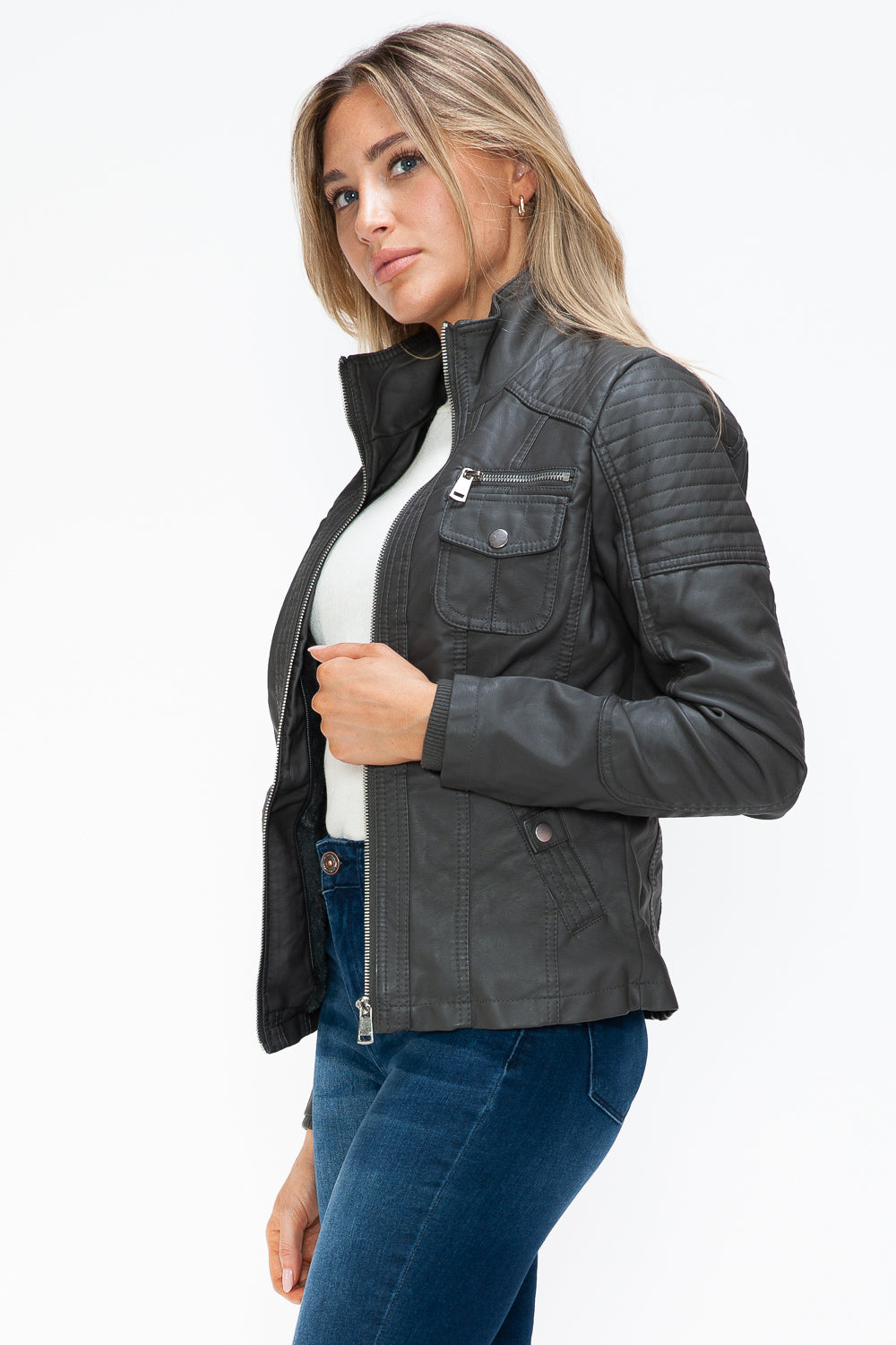 Faux Layered Multi-Pocket Jacket with Fuzzy Hood