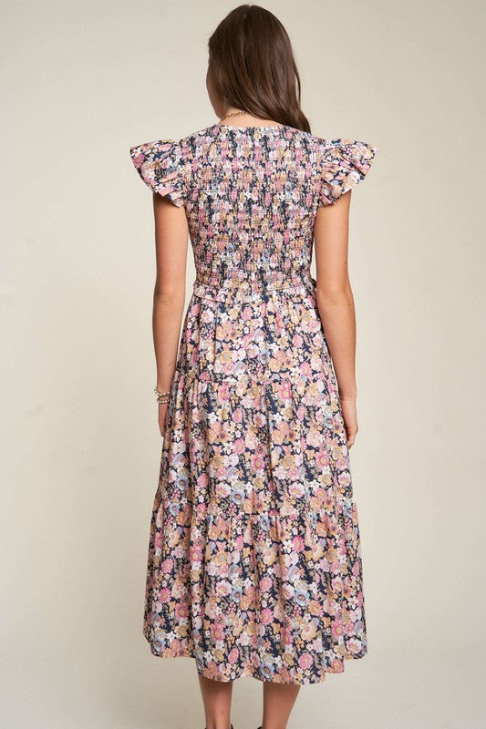 Vintage Garden Floral Flutter Smocking Midi Dress | Shop Webbi