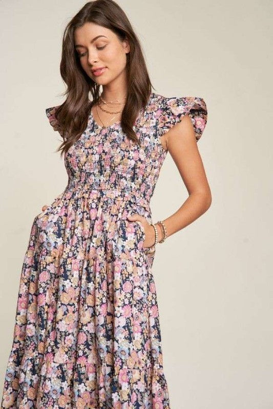 Vintage Garden Floral Flutter Smocking Midi Dress | Shop Webbi