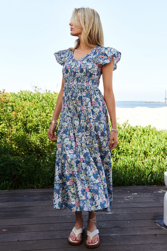 Vintage Garden Floral Flutter Smocking Midi Dress | Shop Webbi