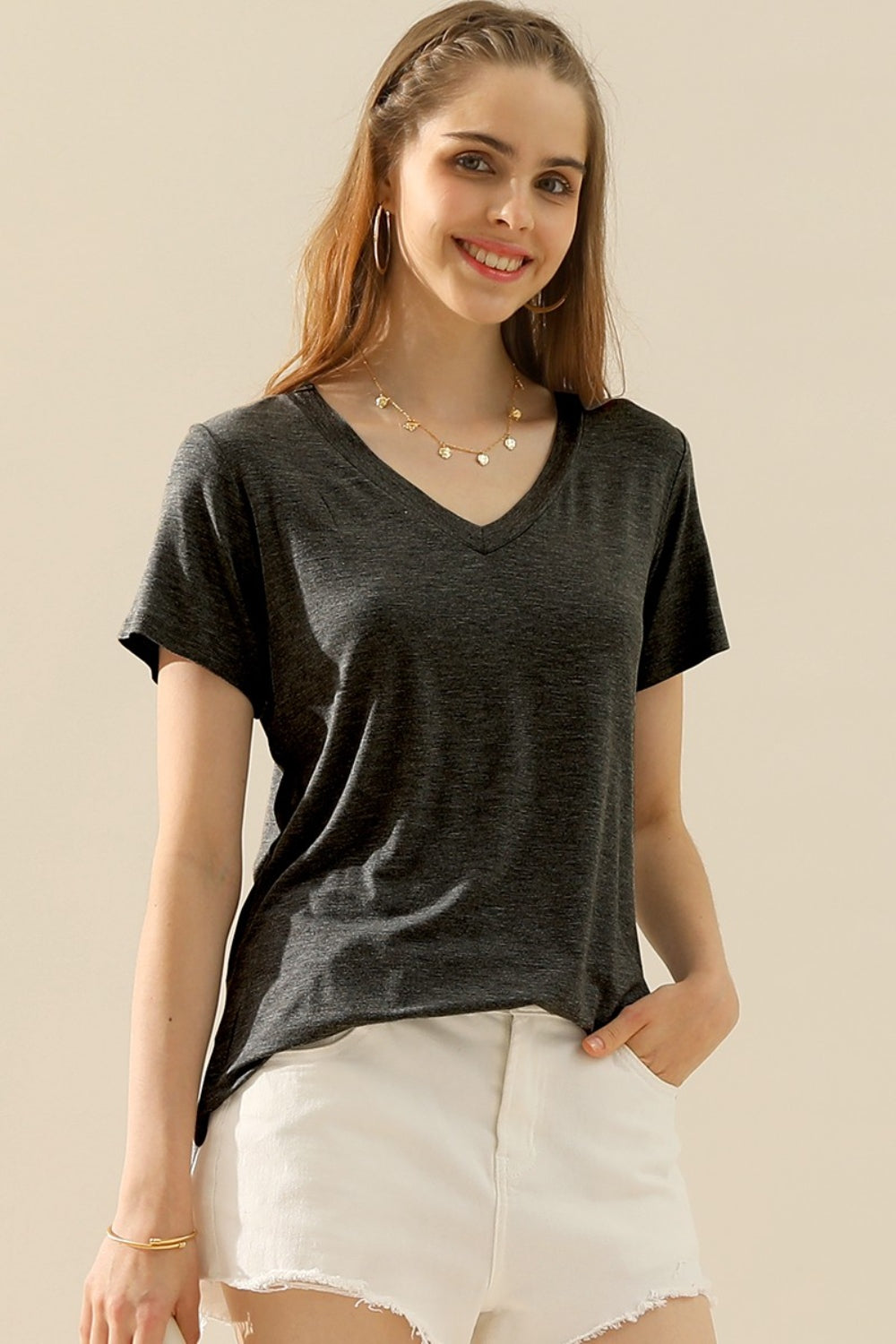 Ninexis Full Size V-Neck Short Sleeve T-Shirt | Shop Webbi