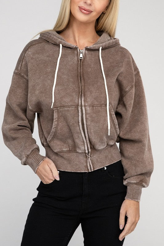 Acid Wash Fleece Cropped Zip-Up Hoodie | Shop Webbi