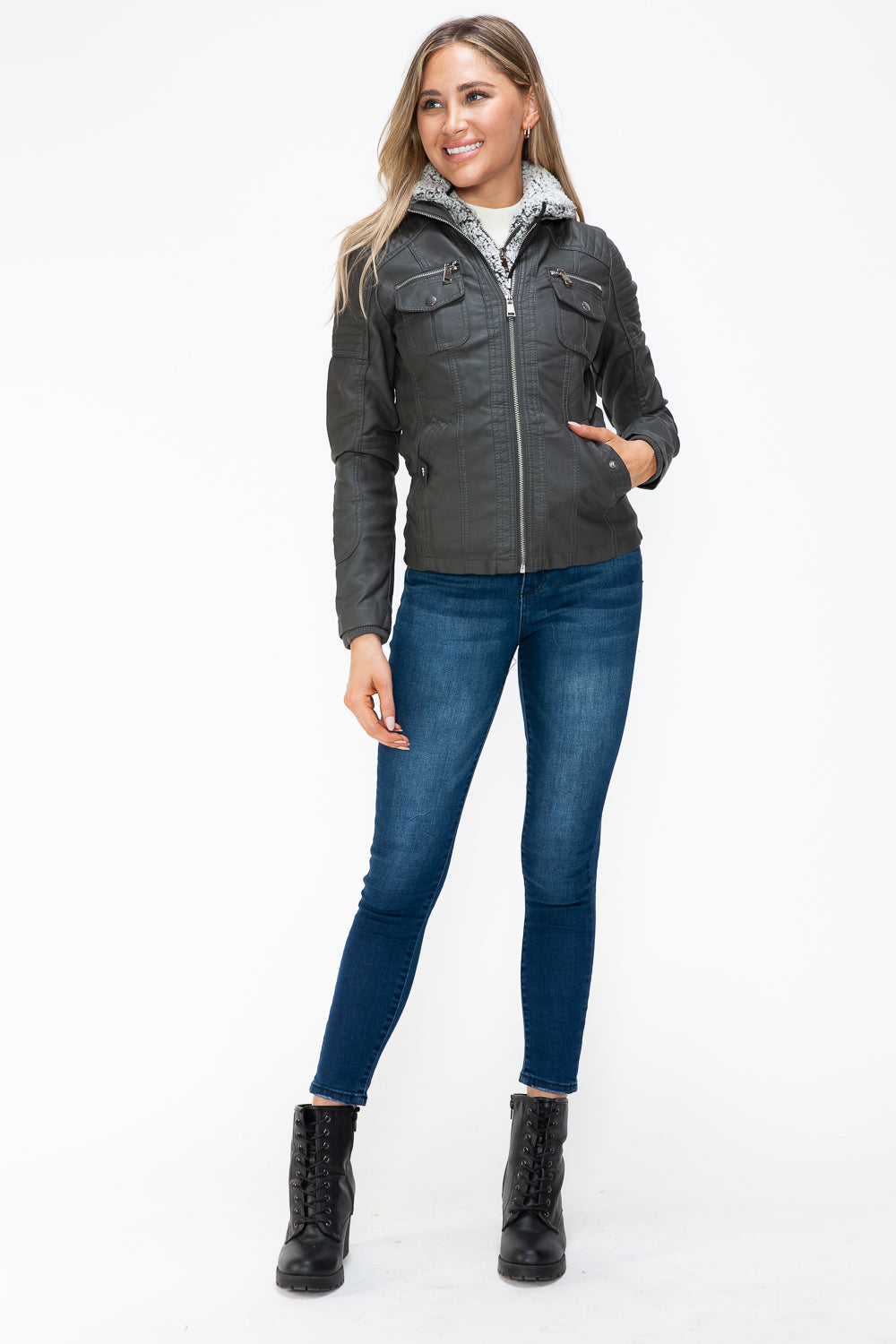 Faux Layered Multi-Pocket Jacket with Fuzzy Hood