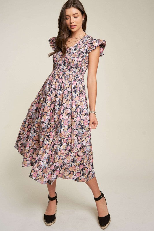 Vintage Garden Floral Flutter Smocking Midi Dress | Shop Webbi