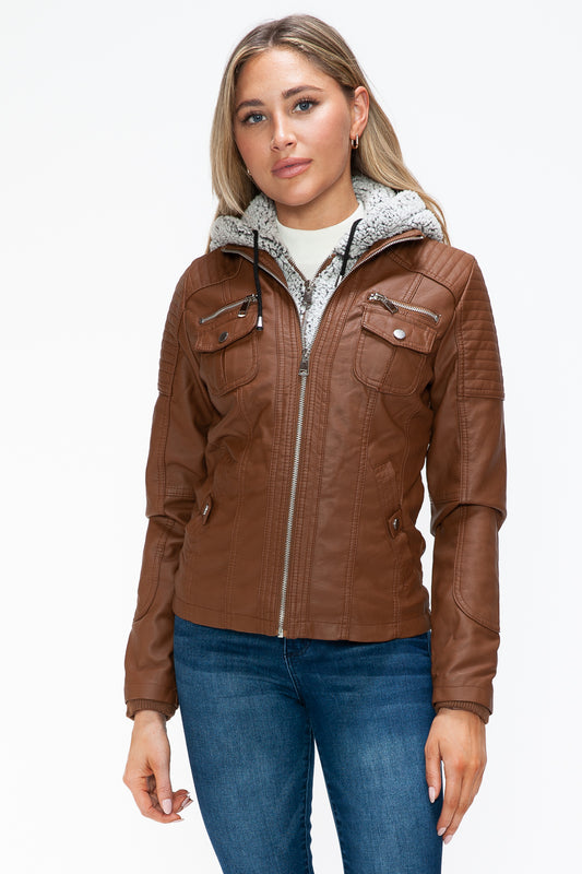 Faux Layered Multi-Pocket Jacket with Hood