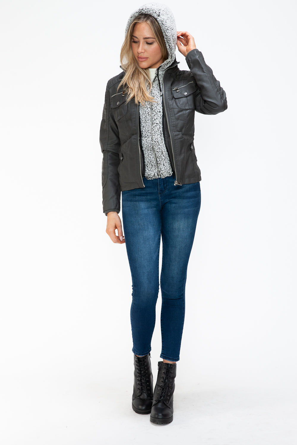 Faux Layered Multi-Pocket Jacket with Fuzzy Hood