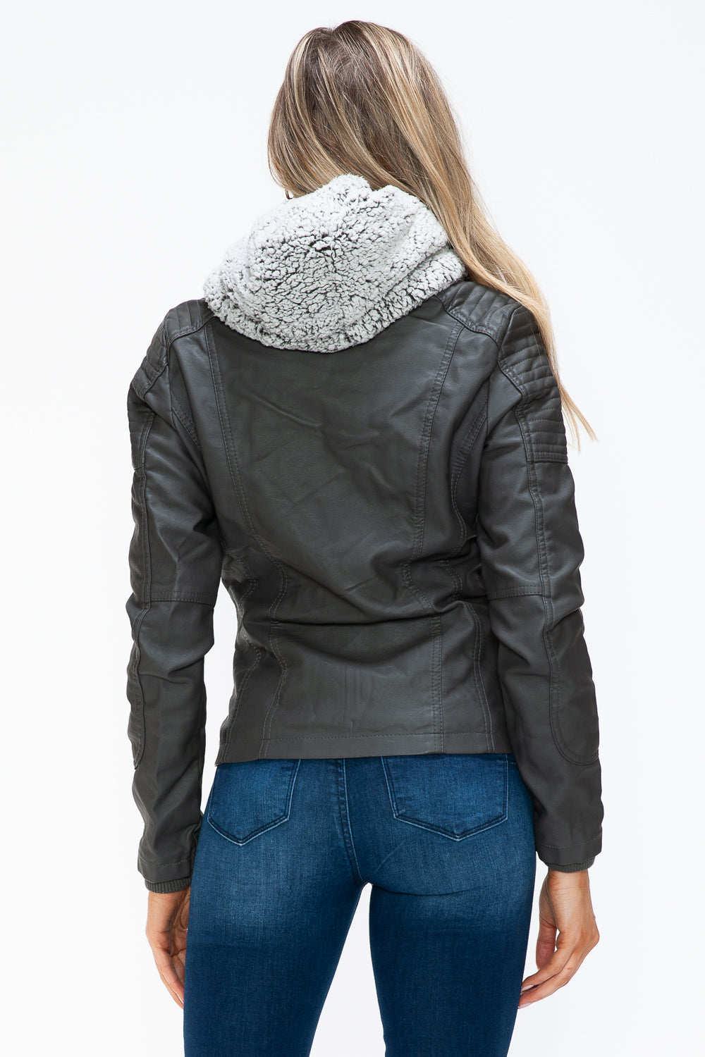 Faux Layered Multi-Pocket Jacket with Fuzzy Hood