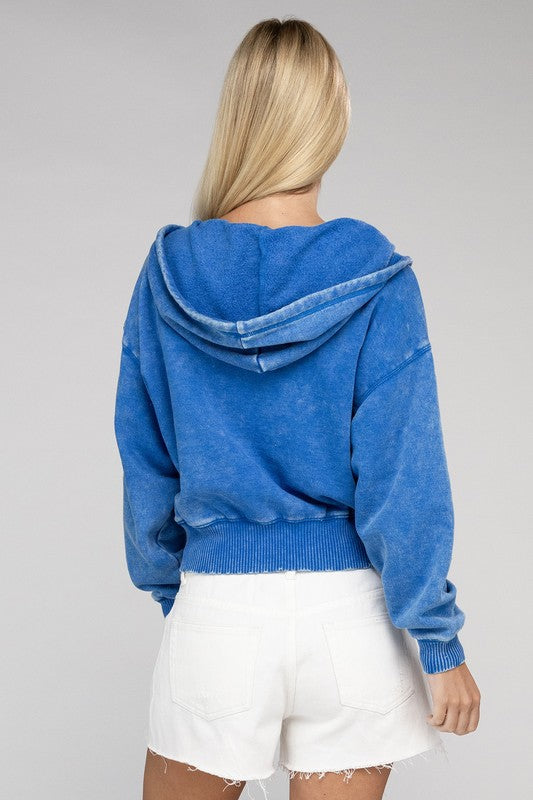 Acid Wash Fleece Cropped Zip-Up Hoodie | Shop Webbi