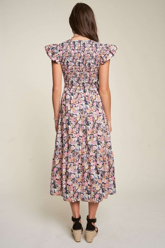 Vintage Garden Floral Flutter Smocking Midi Dress | Shop Webbi