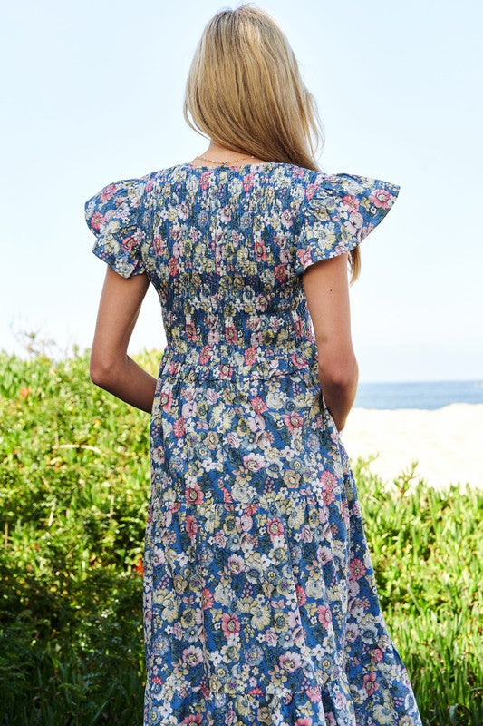 Vintage Garden Floral Flutter Smocking Midi Dress | Shop Webbi\