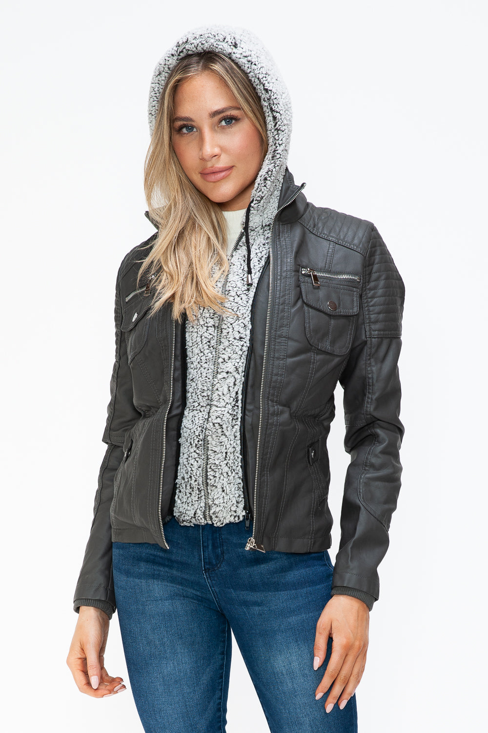 Faux Layered Multi-Pocket Jacket with Fuzzy Hood