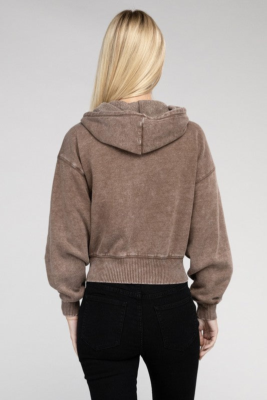 Acid Wash Fleece Cropped Zip-Up Hoodie | Shop Webbi