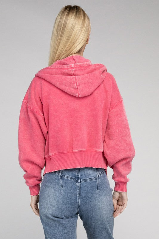 Acid Wash Fleece Cropped Zip-Up Hoodie | Shop Webbi