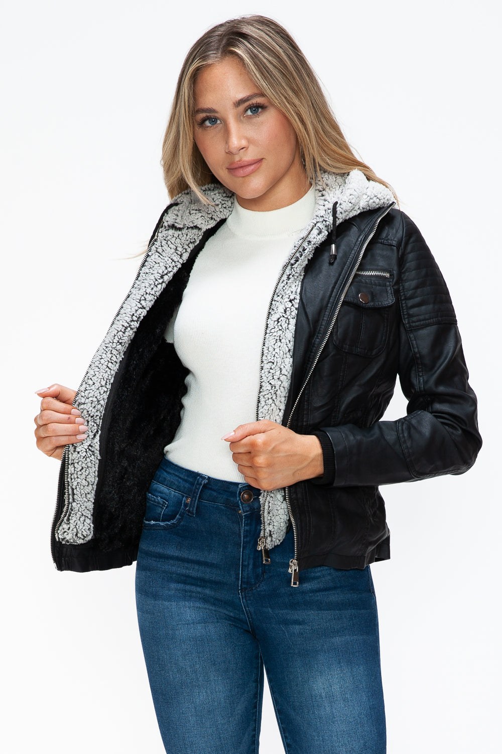 Faux Layered Multi-Pocket Jacket with Fuzzy Hood