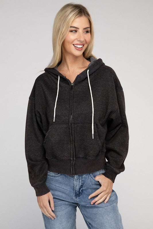 Acid Wash Fleece Cropped Zip-Up Hoodie | Shop Webbi