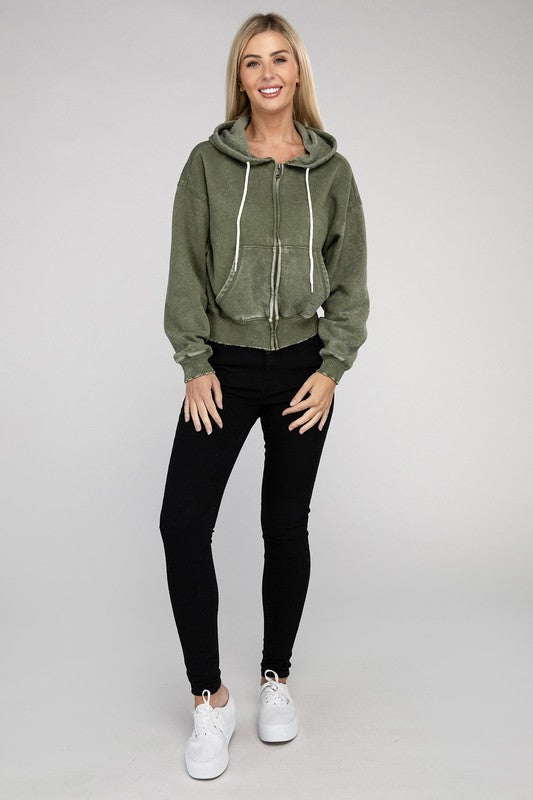 Acid Wash Fleece Cropped Zip-Up Hoodie | Shop Webbi