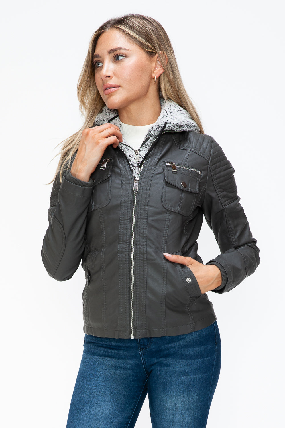 Faux Layered Multi-Pocket Jacket with Fuzzy Hood