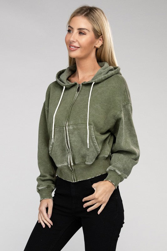 Acid Wash Fleece Cropped Zip-Up Hoodie | Shop Webbi