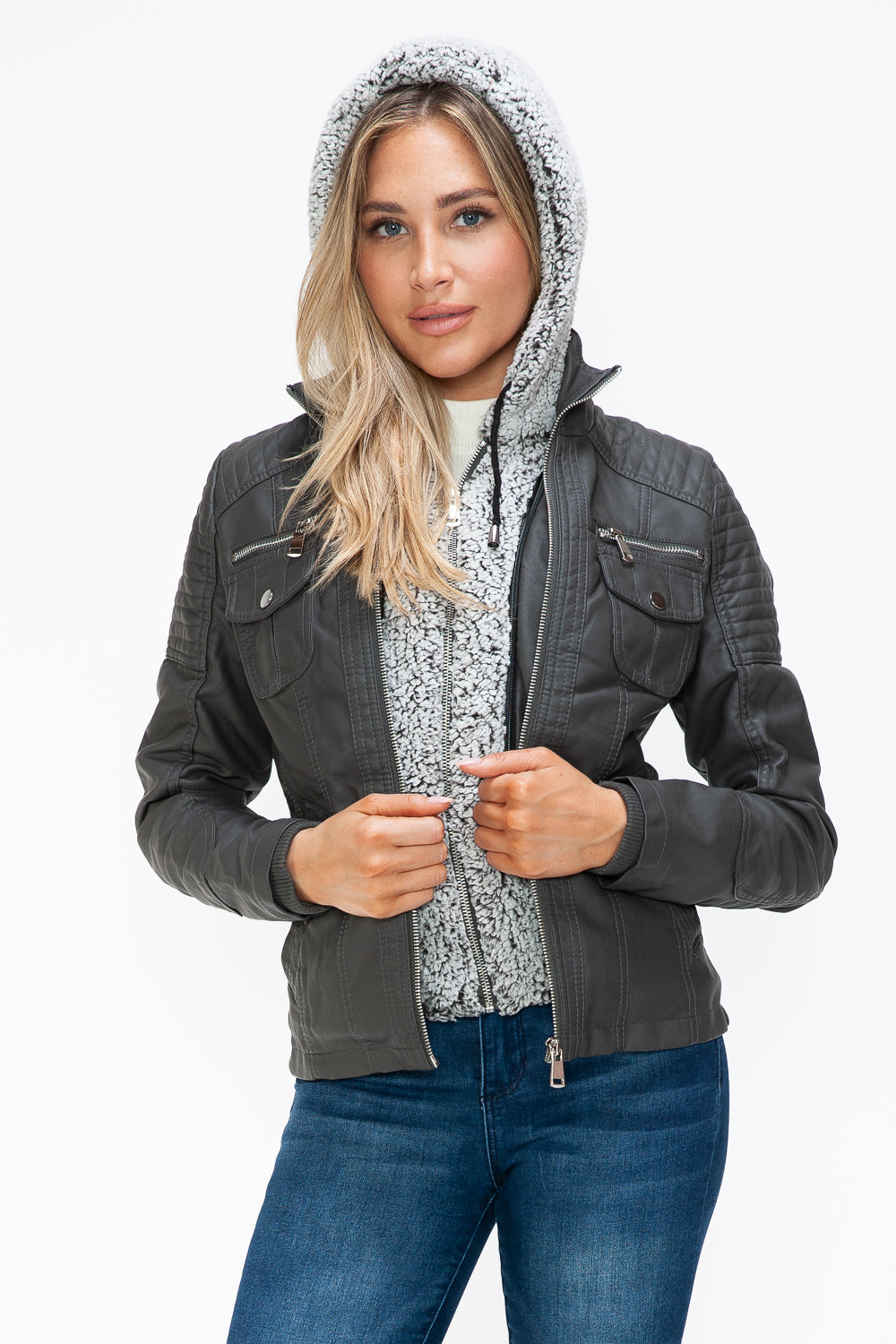 Faux Layered Multi-Pocket Jacket with Fuzzy Hood