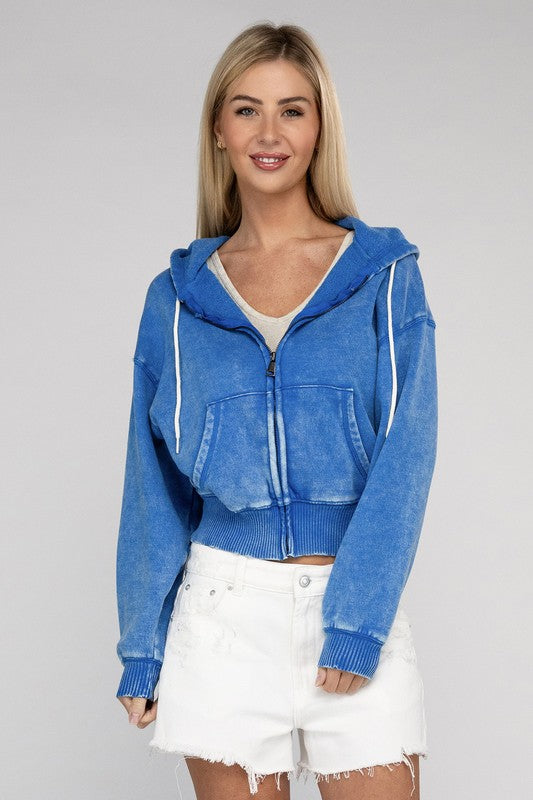 Acid Wash Fleece Cropped Zip-Up Hoodie | Shop Webbi