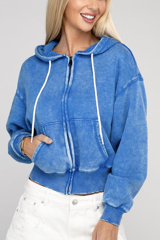 Acid Wash Fleece Cropped Zip-Up Hoodie | Shop Webbi