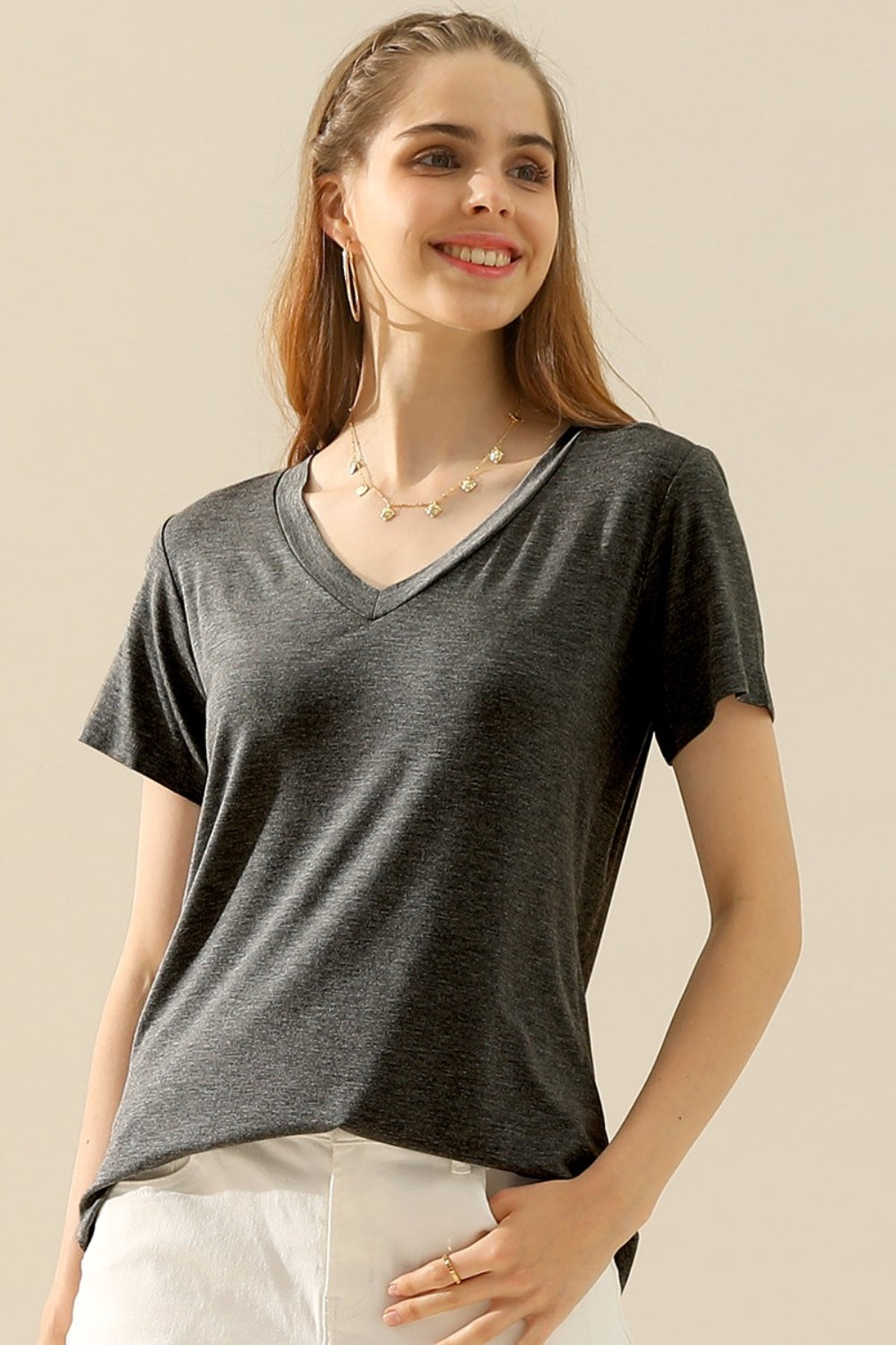 Ninexis Full Size V-Neck Short Sleeve T-Shirt | Shop Webbi