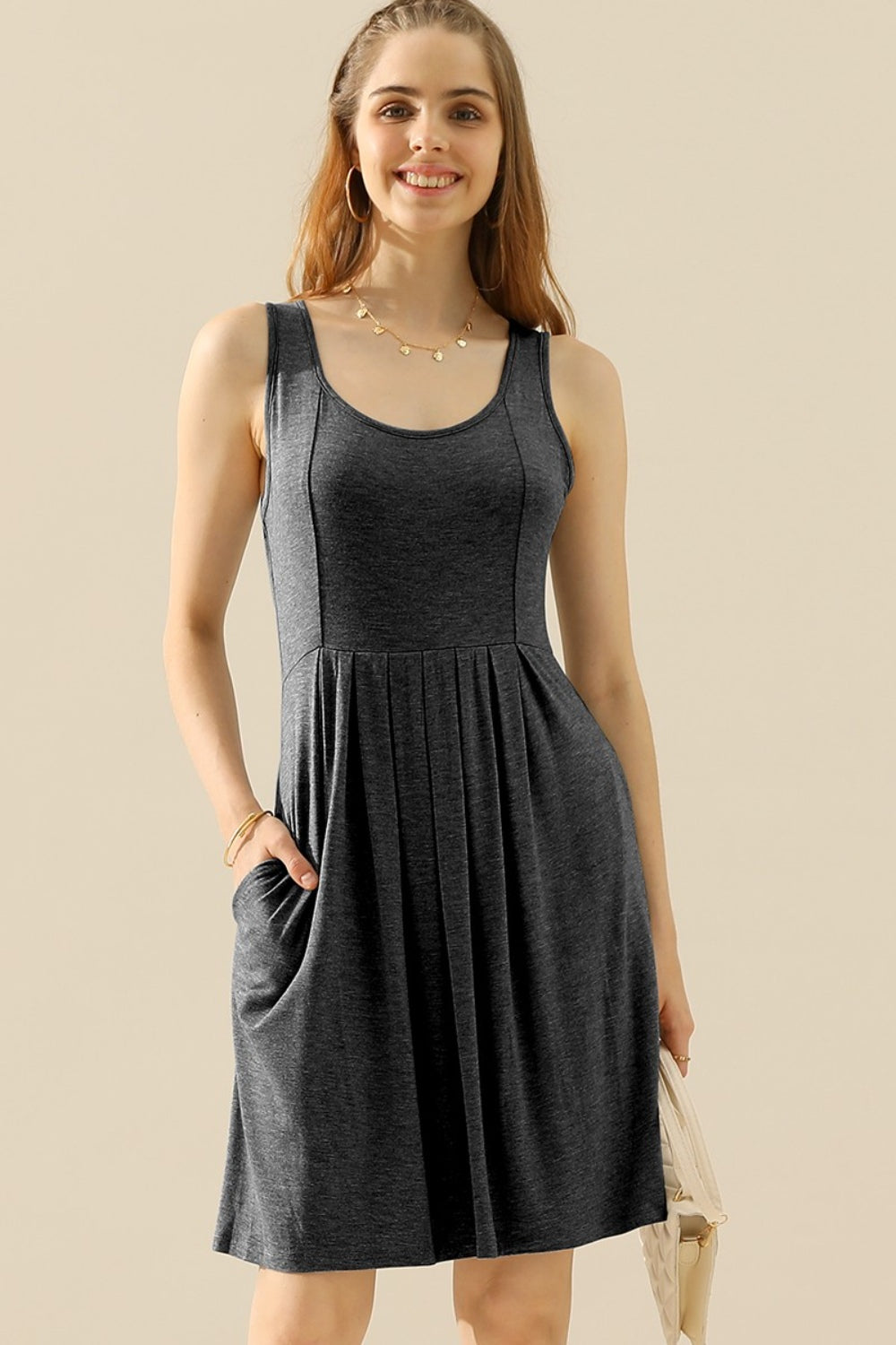 Round Neck Ruched Sleeveless Dress with Pockets