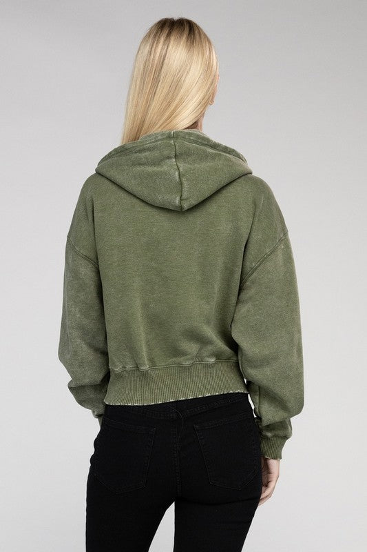 Acid Wash Fleece Cropped Zip-Up Hoodie | Shop Webbi