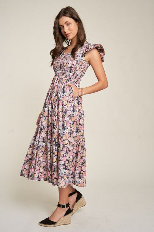 Vintage Garden Floral Flutter Smocking Midi Dress | Shop Webbi