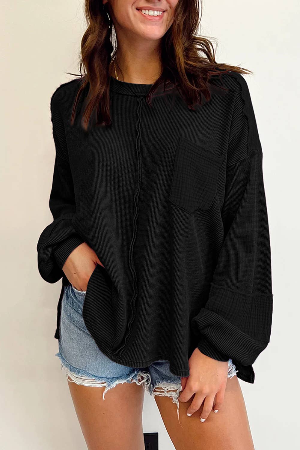 Exposed Seam Patchwork Bubble Sleeve Waffle Knit Top | Shop Webbi