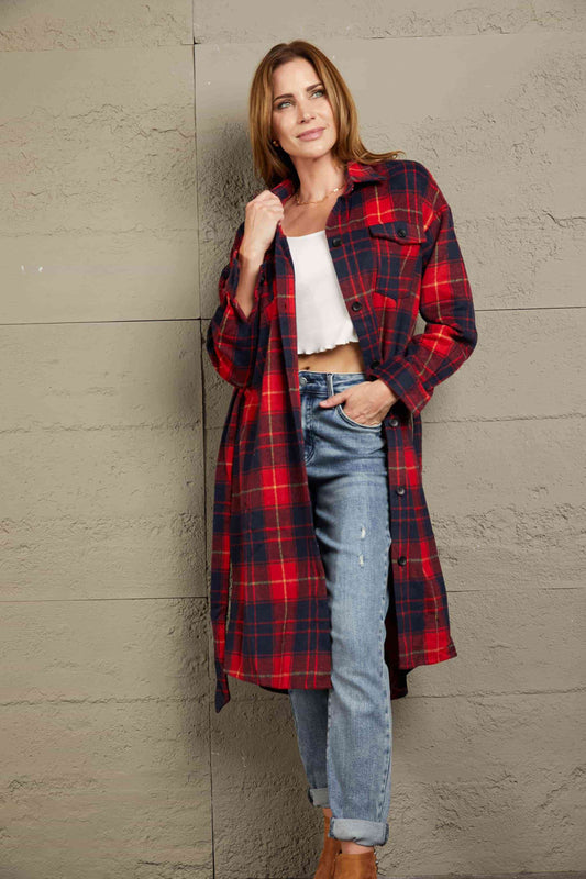 Double Take Plaid Belted Button Down Longline Shirt Jacket | Shop Webbi